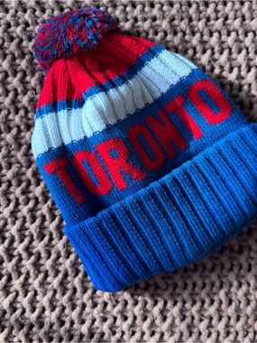 Toronto Knit Pom Beanie Hat Red Blue White Winter Cap